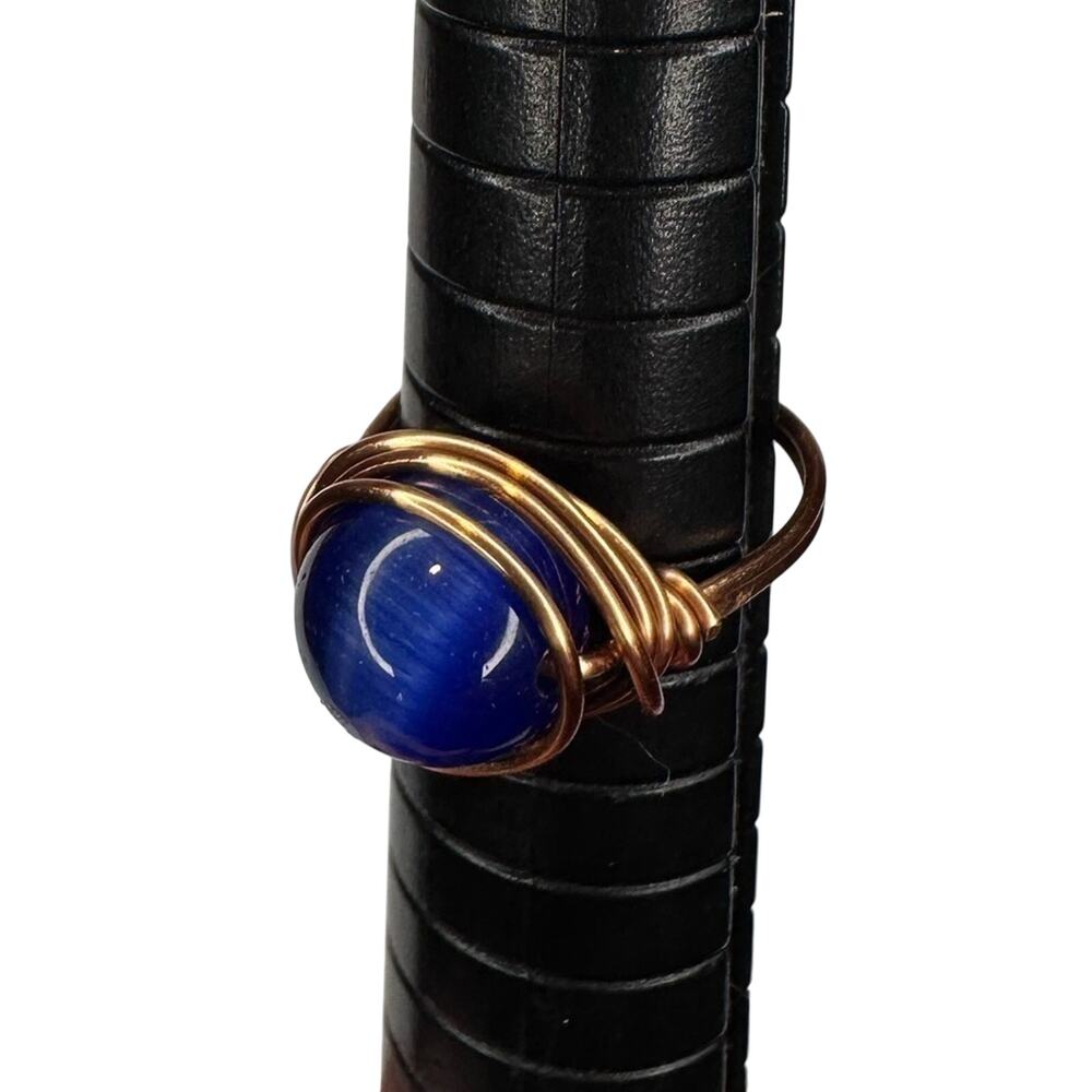 Blue cat eye ring handmade copper wire wrap glass bead